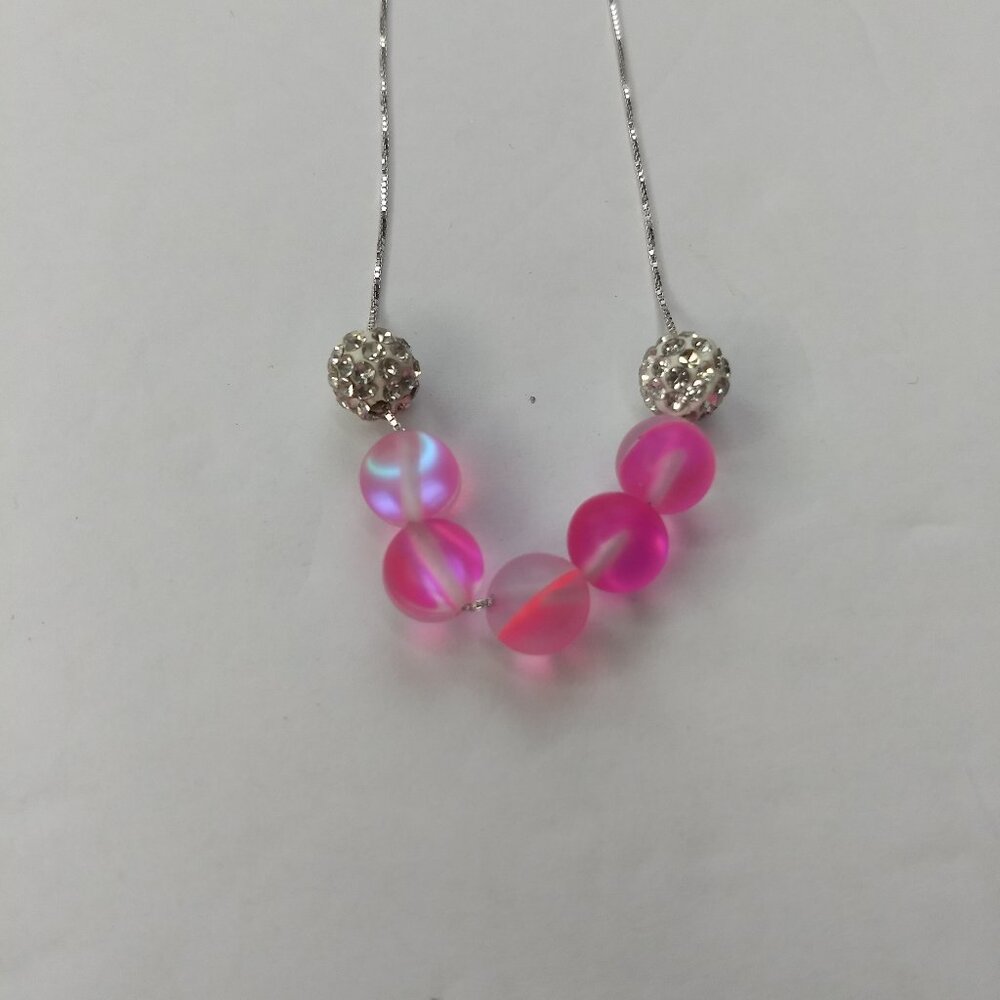 Pink Iridescent and White Rhinestone Bead Necklace Sterling Silver Marked S925